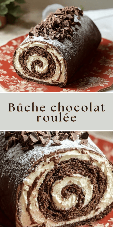Bûche chocolat roulée avec glaçage brillant, copeaux de chocolat et finition sucre glace