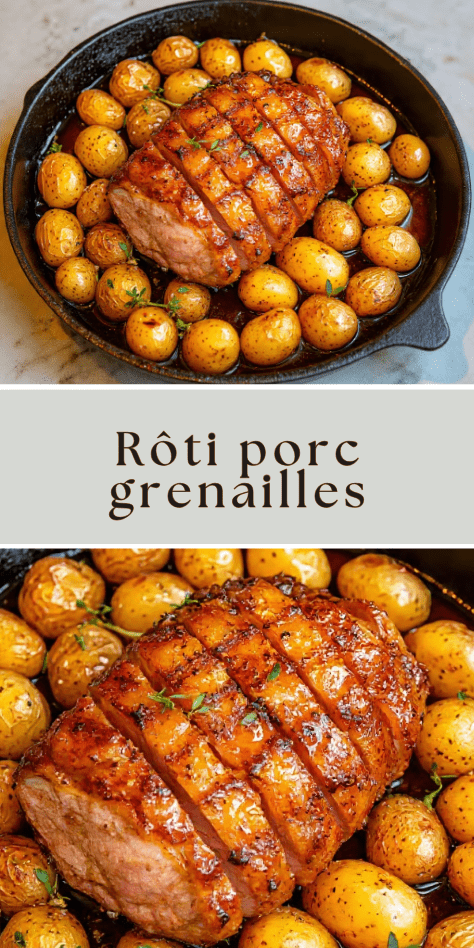 Rôti porc grenailles doré avec thym frais, ail écrasé et jus caramélisé