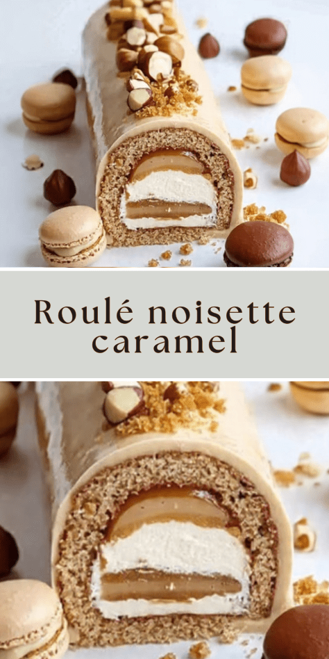 Roulé noisette caramel avec glaçage crémeux, cœur fondant et décor de noisettes grillées