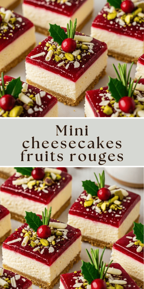 Mini cheesecakes fruits rouges carrés avec gelée brillante, pistaches et décor festif