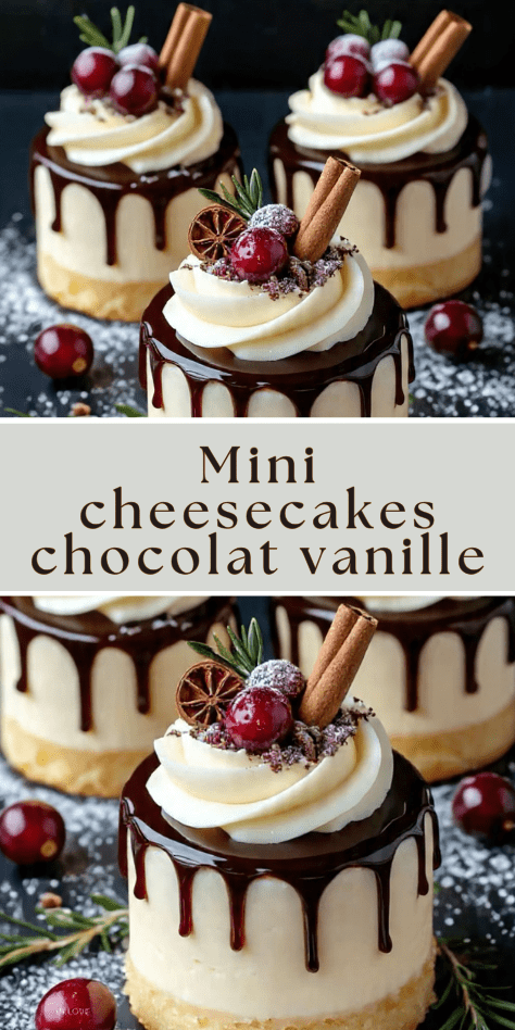 Mini cheesecakes chocolat vanille avec ganache drip, chantilly et décor de Noël