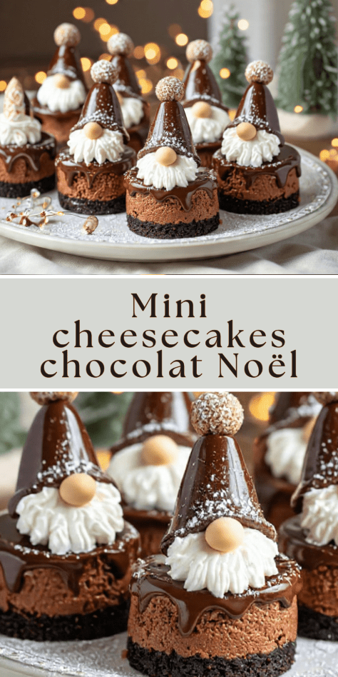 Mini cheesecakes chocolat Noël décorés en Père Noël avec chantilly, ganache et déco festive