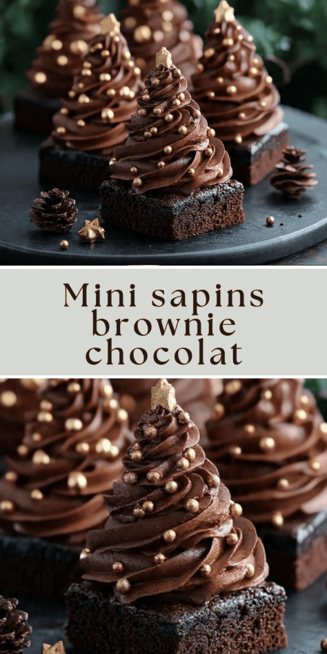 Mini sapins brownie chocolat décorés d’étoiles dorées et crème pochée façon sapin