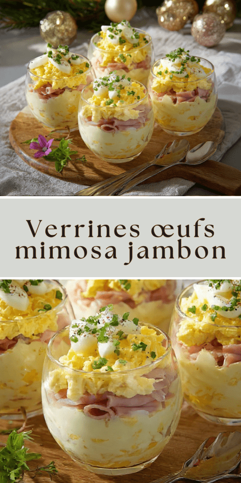 Verrines œufs mimosa jambon avec pommes de terre, œufs durs et ciboulette fraîche