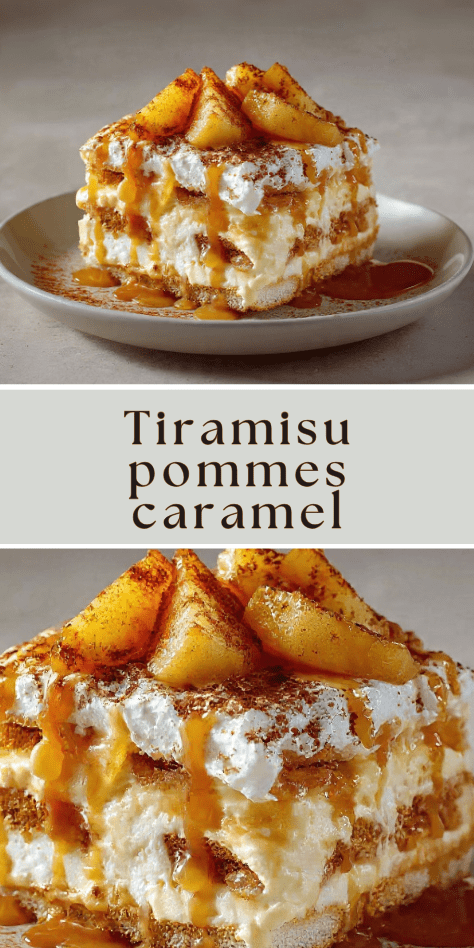 Tiramisu pommes caramel avec couches de crème mascarpone, pommes caramélisées et caramel beurre salé