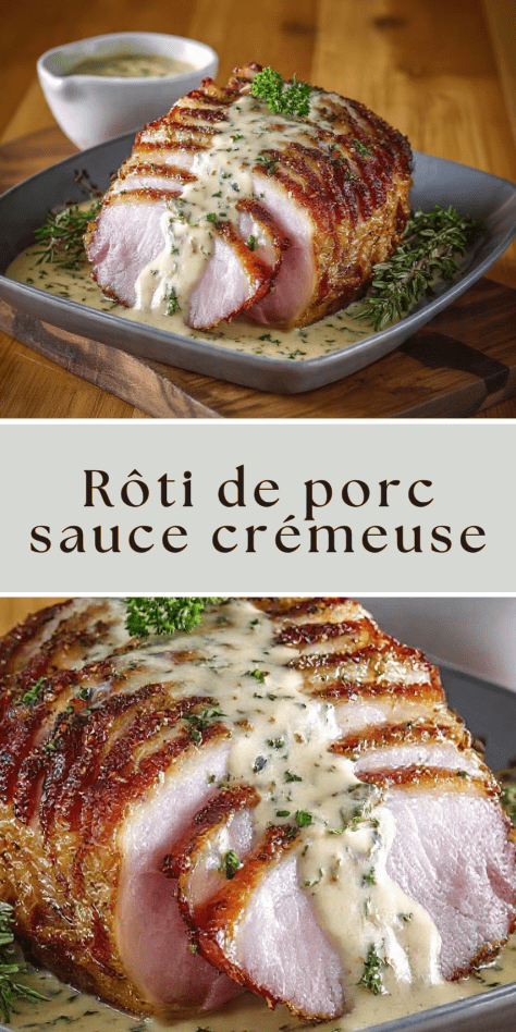 Rôti de porc sauce crémeuse aux herbes servi tranché avec sauce onctueuse et herbes fraîches