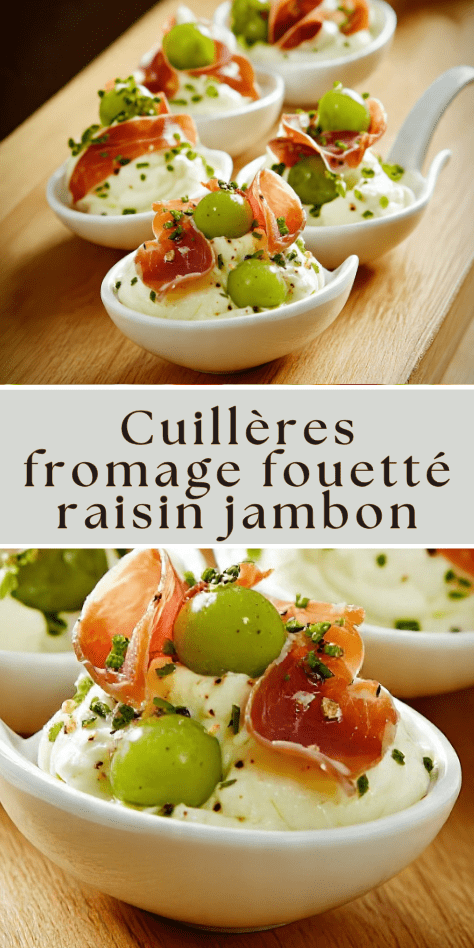 Cuillères apéritives de fromage fouetté au raisin vert et jambon cru, décorées de ciboulette
