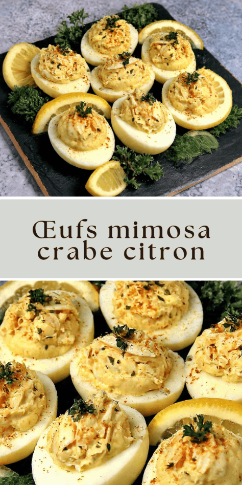 Œufs mimosa crabe citron garnis de crème citronnée, ciboulette et paprika