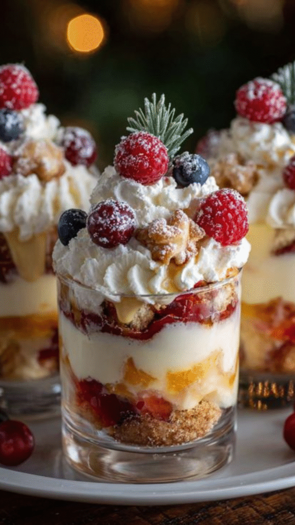 Verrines de Noël à la vanille avec fruits rouges et crumble doré