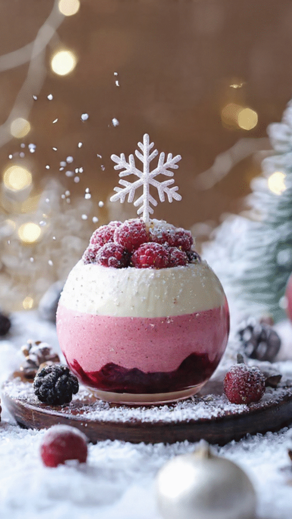 Verrine de Noël composée de mousse framboise, crème vanille et décor givré