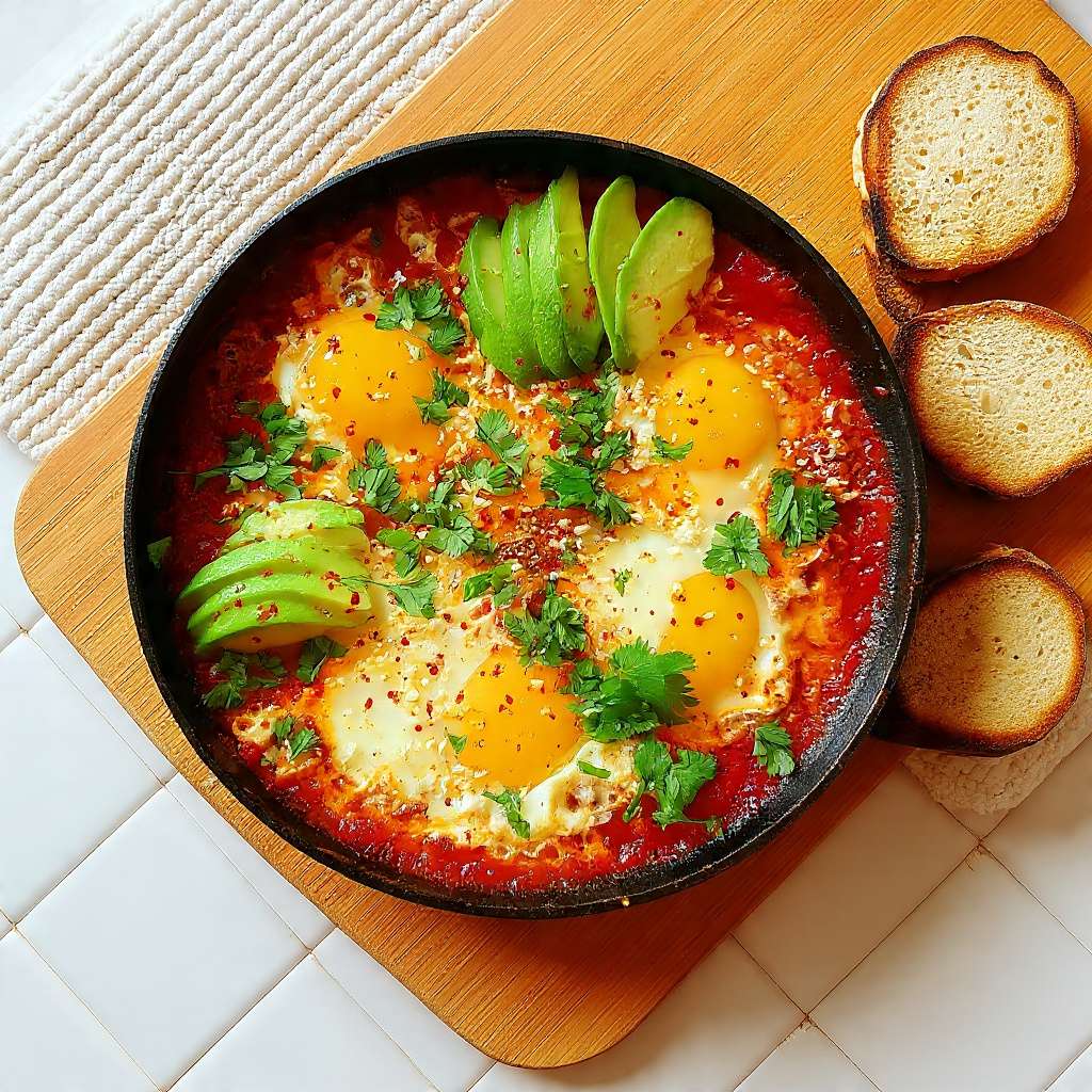 Shakshuka aux œufs et avocat avec sauce tomate, feta et herbes fraîches