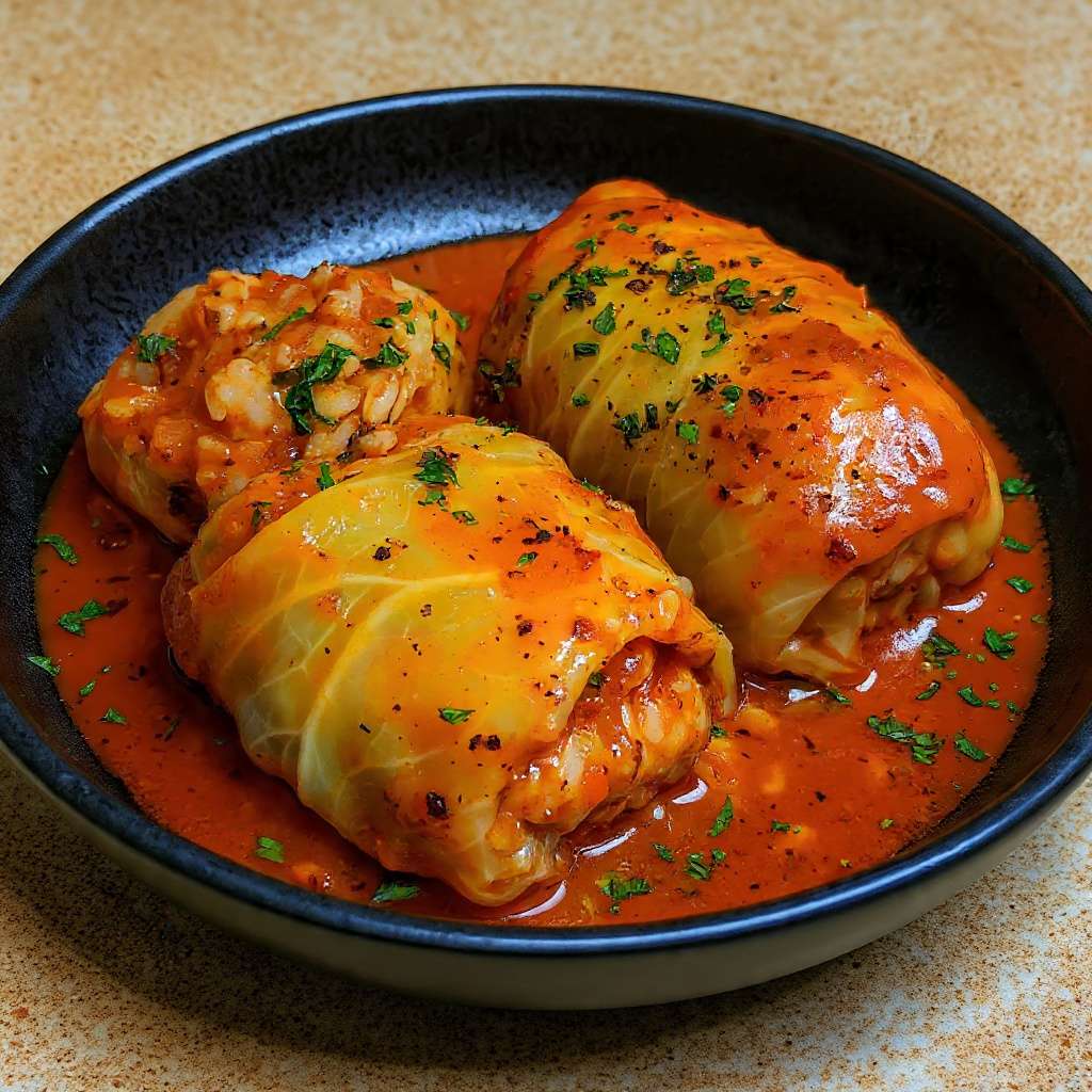Choux farcis fondants à la sauce tomate maison dans une cocotte
