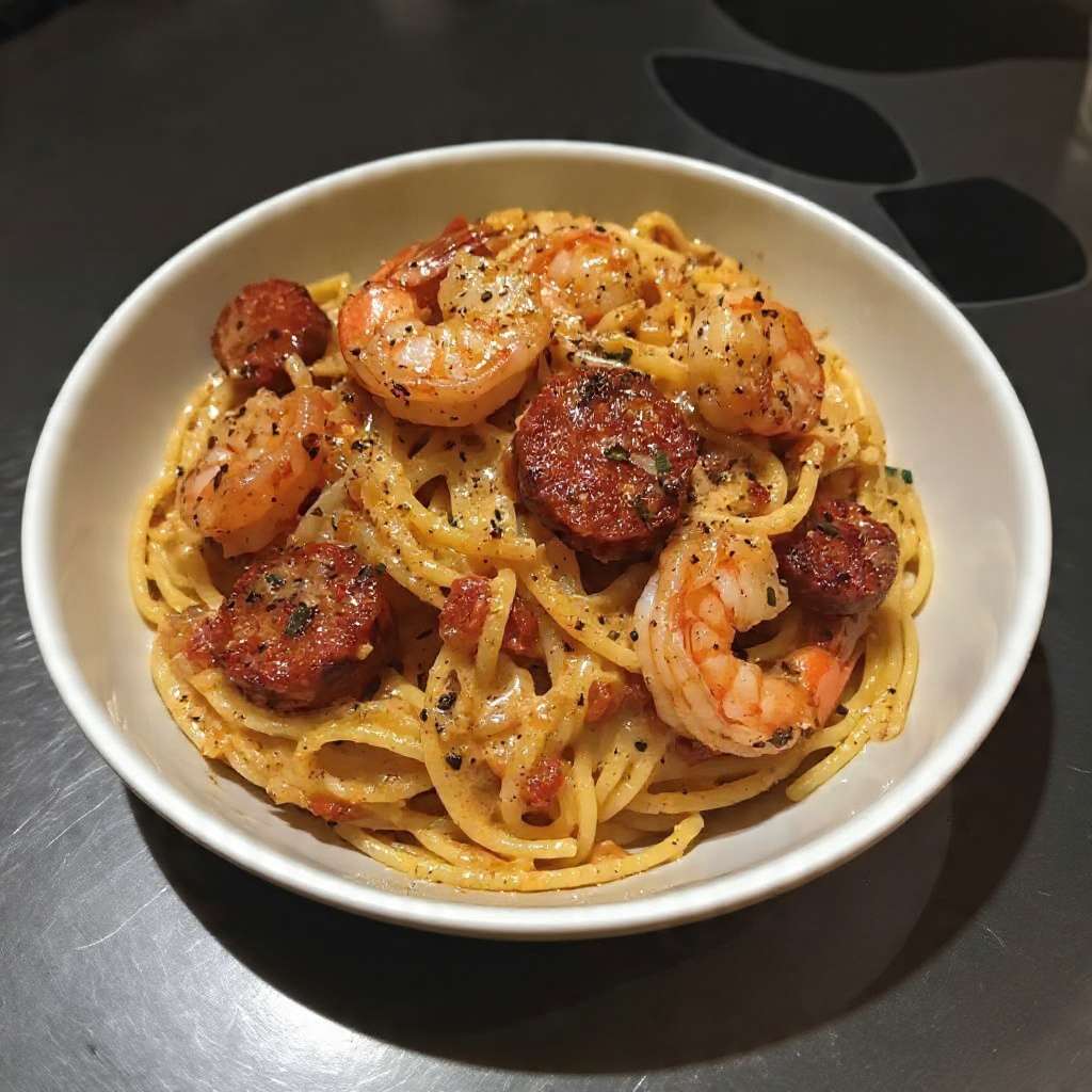Spaghetti crème de poivron chorizo crevettes servis avec sauce onctueuse et fruits de mer
