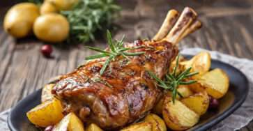 Souris d’agneau rôtie au four accompagnée de pommes de terre fondantes et herbes aromatiques