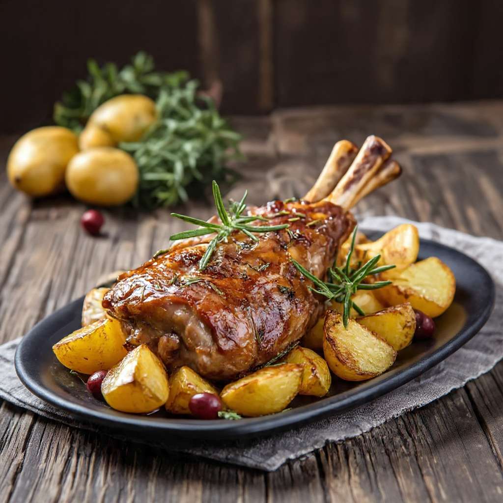 Souris d’agneau rôtie au four accompagnée de pommes de terre fondantes et herbes aromatiques