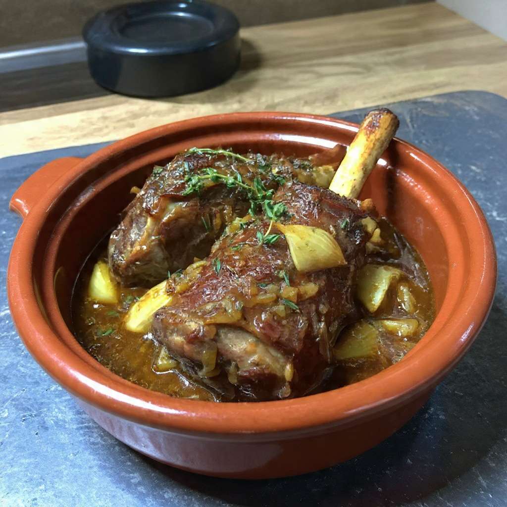 Souris d’agneau confite au four avec sauce réduite, oignons fondants et jus brillant