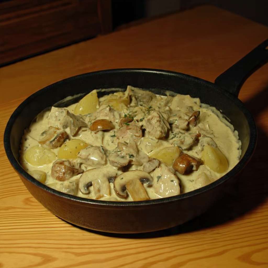 Sauté de porc à la crème et champignons avec pommes de terre fondantes en cocotte