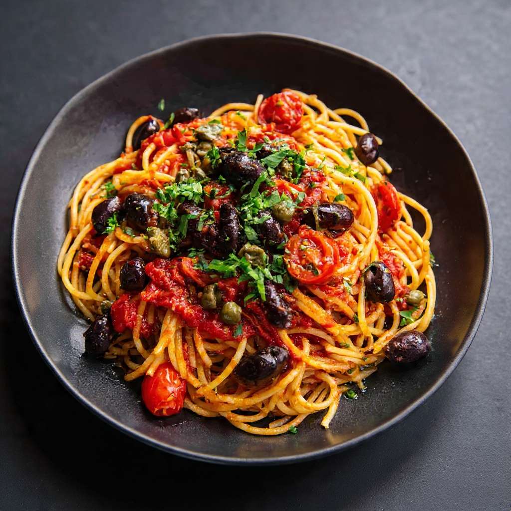 Spaghetti sauce tomate aux olives noires et câpres servis dans une assiette méditerranéenne