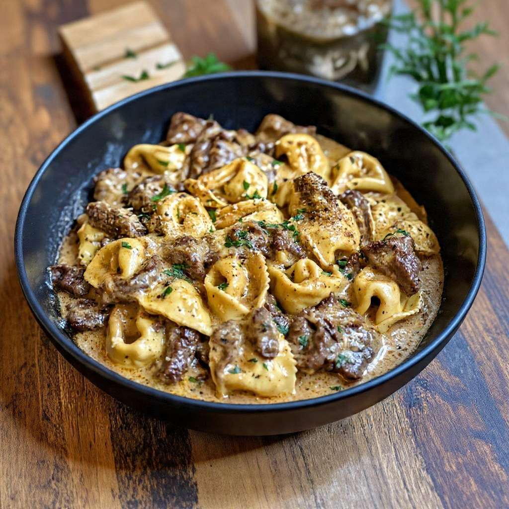 Tortellini crémeux au bœuf servis avec sauce onctueuse et parmesan râpé