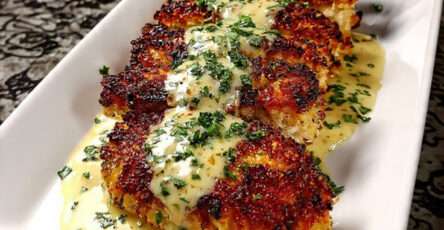 Poulet croustillant sauce ail parmesan nappé de sauce crémeuse et dorée