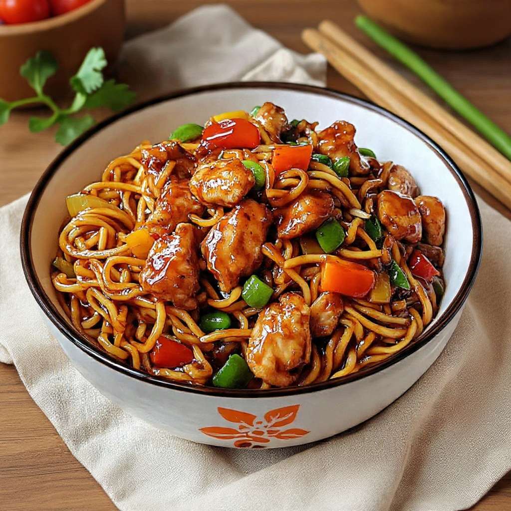 Nouilles sautées au poulet épicé avec légumes croquants et sauce asiatique brillante servies dans un bol