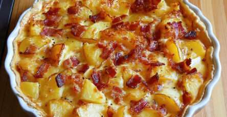 Quiche pomme de terre et lardons dorée au four avec fromage gratiné et pâte croustillante