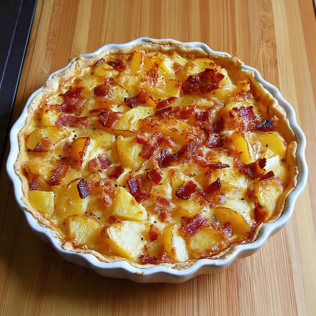 Quiche pomme de terre et lardons dorée au four avec fromage gratiné et pâte croustillante