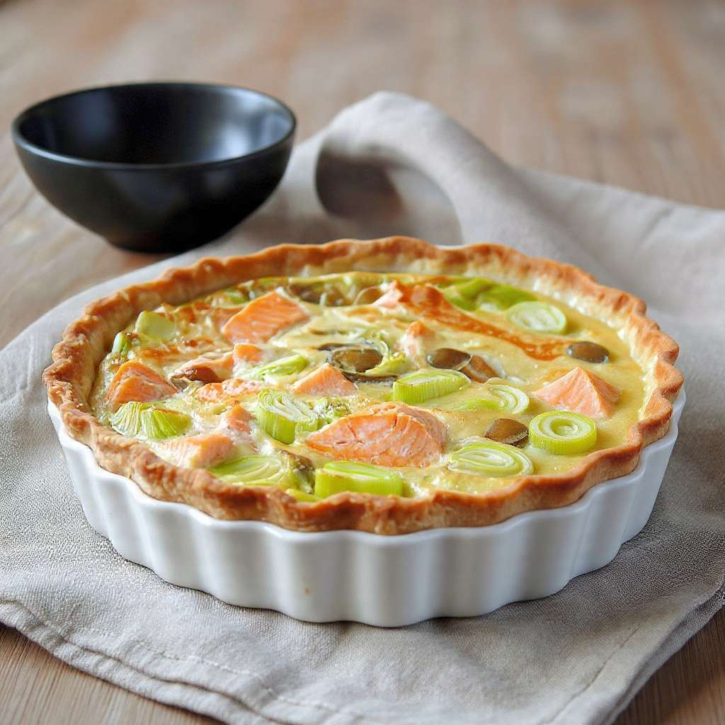 Quiche saumon poireaux fondante et dorée au four avec fromage gratiné et pâte croustillante