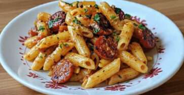 Pâtes chorizo tomates cerises servies chaudes avec sauce parfumée au paprika et persil frais