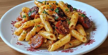 Pâtes chorizo tomates cerises servies chaudes avec sauce parfumée au paprika et persil frais