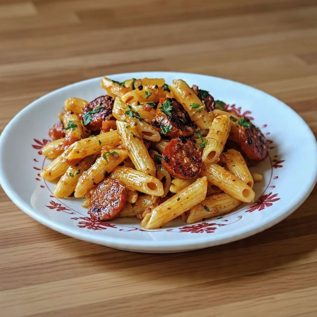 Pâtes chorizo tomates cerises servies chaudes avec sauce parfumée au paprika et persil frais