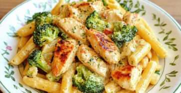 Pâtes poulet brocolis crémeuses servies chaudes avec sauce onctueuse au parmesan