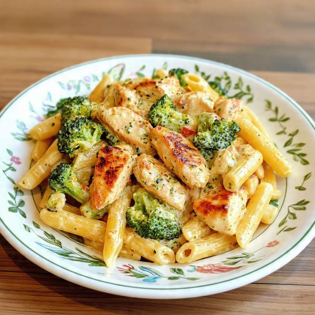 Pâtes poulet brocolis crémeuses servies chaudes avec sauce onctueuse au parmesan