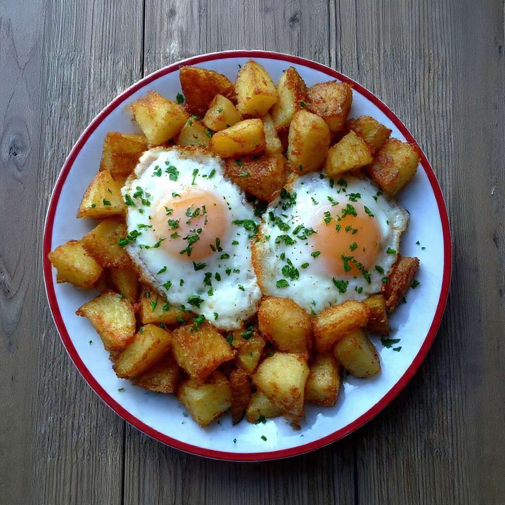Œufs au plat pommes de terre sautées à l’ancienne dorées et croustillantes dans une poêle