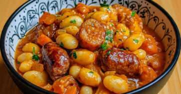 Cassoulet maison traditionnel servi chaud avec haricots blancs, confit de canard et saucisses de Toulouse