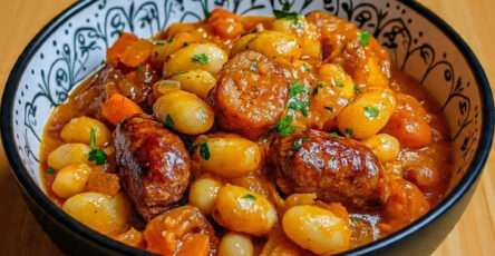 Cassoulet maison traditionnel servi chaud avec haricots blancs, confit de canard et saucisses de Toulouse