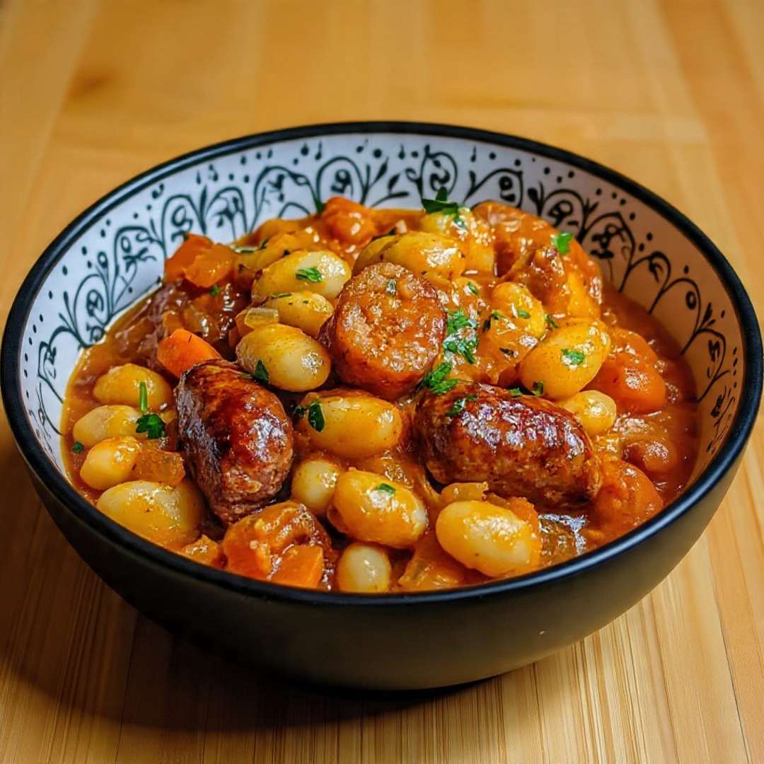 Cassoulet maison traditionnel servi chaud avec haricots blancs, confit de canard et saucisses de Toulouse