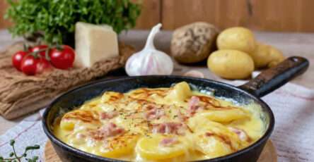 Truffade auvergnate traditionnelle au fromage et pommes de terre dorées dans une poêle en fonte