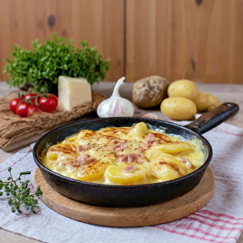 Truffade auvergnate traditionnelle au fromage et pommes de terre dorées dans une poêle en fonte