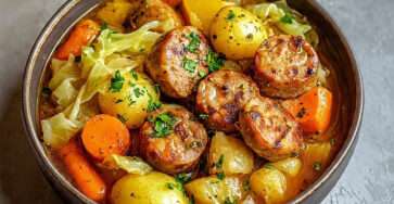 Potée aux saucisses mijotée avec légumes fondants dans une grande cocotte traditionnelle