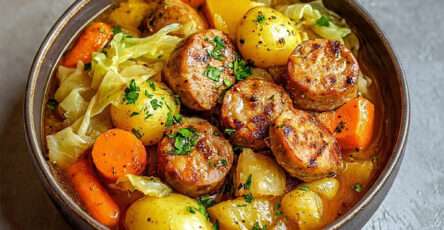 Potée aux saucisses mijotée avec légumes fondants dans une grande cocotte traditionnelle