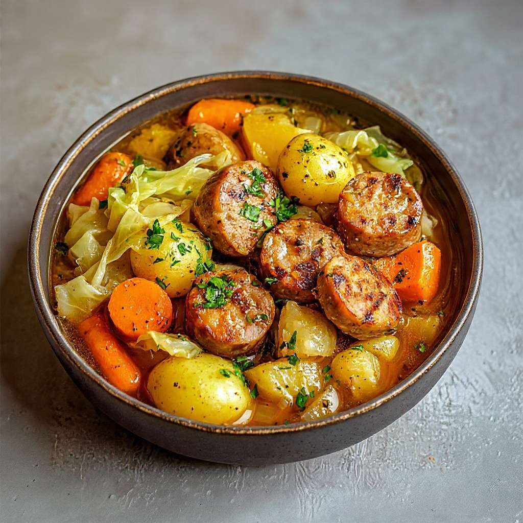 Potée aux saucisses mijotée avec légumes fondants dans une grande cocotte traditionnelle