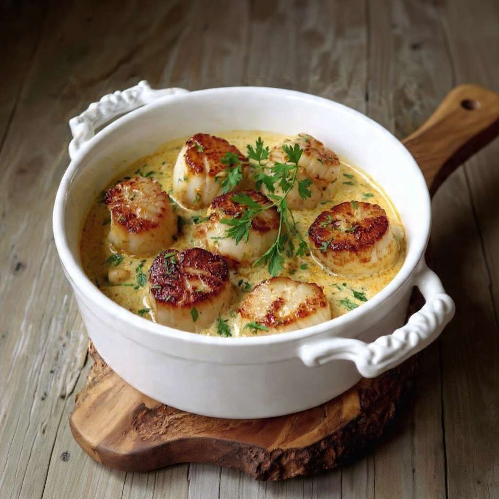 Noix de saint jacques crème persil poêlées avec sauce crémeuse