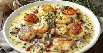 Saint jacques crevettes crème avec champignons et lardons dans une sauce onctueuse