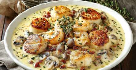 Saint jacques crevettes crème avec champignons et lardons dans une sauce onctueuse