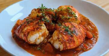 Langouste à l’armoricaine servie avec sauce tomate au vin blanc et estragon frais