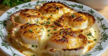 Coquilles Saint-Jacques gratinées dorées au four avec fromage et sauce crémeuse