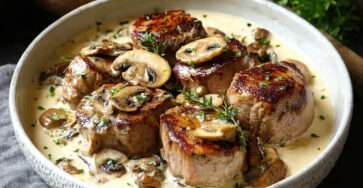 Médaillons de filet mignon crème champignons nappés de sauce onctueuse