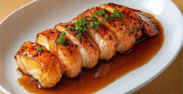 Langouste miso miel laquée avec sésame noir et ciboule fraîche