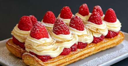 Millefeuille framboise crème vanillée avec pâte feuilletée croustillante